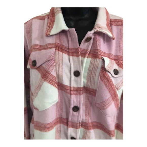 Kensie pink white colorblock plaid fleece flannel look button down shacket Large - Picture 12 of 16